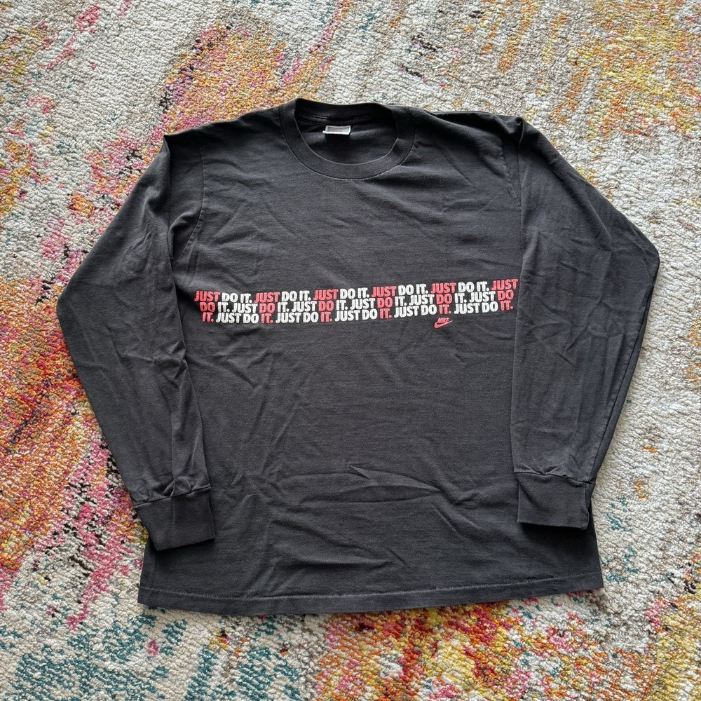Vtg Nike Medium  Made in‎ USA Just Do It Graphic Tee Long Sleeve Faded All Over